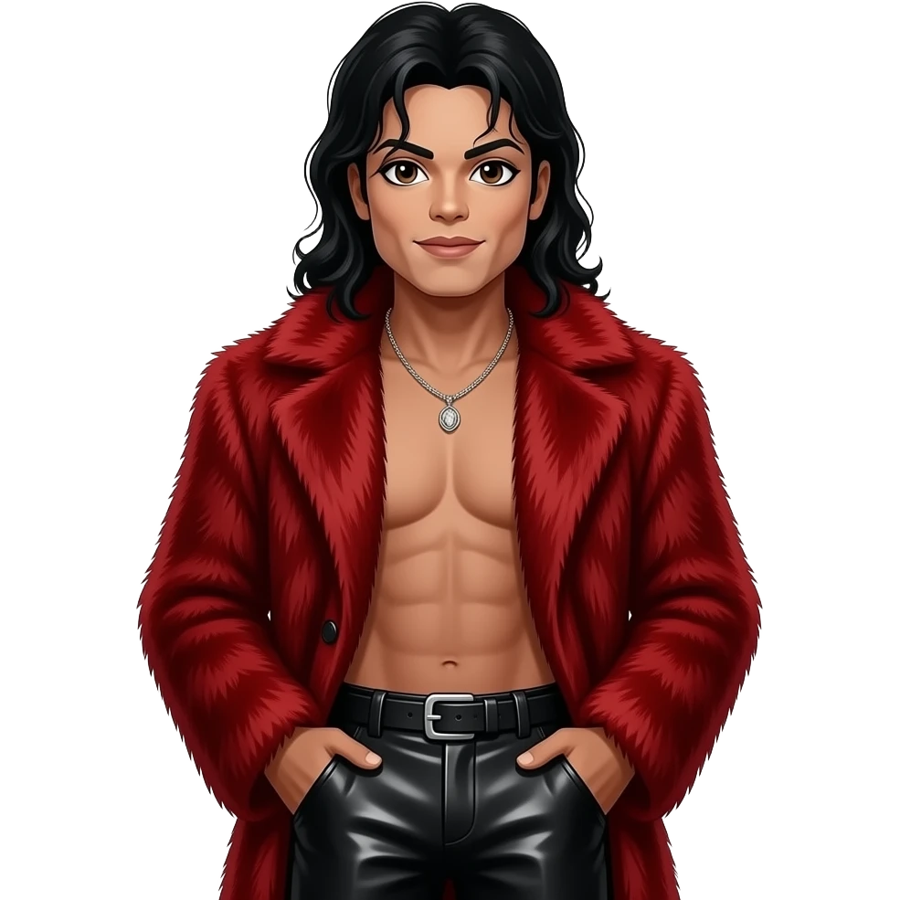 Michael Jackson with brown eyes, long black hair, crimson fur coat, black metallic baggy pants, shirtless with necklace emoji
