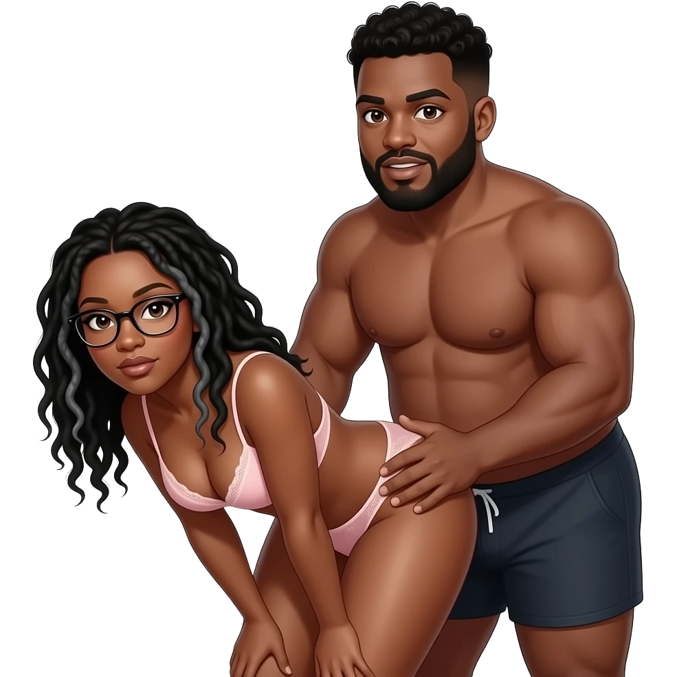Black woman, with black locs (with some grey) and glasses; bent over with a chubby black man with a low curly haircut and beard with some grey; standing behind her holding her hips. Both are topless. He is wearing boxers briefs and her, panties. Both of them looked aroused. emoji