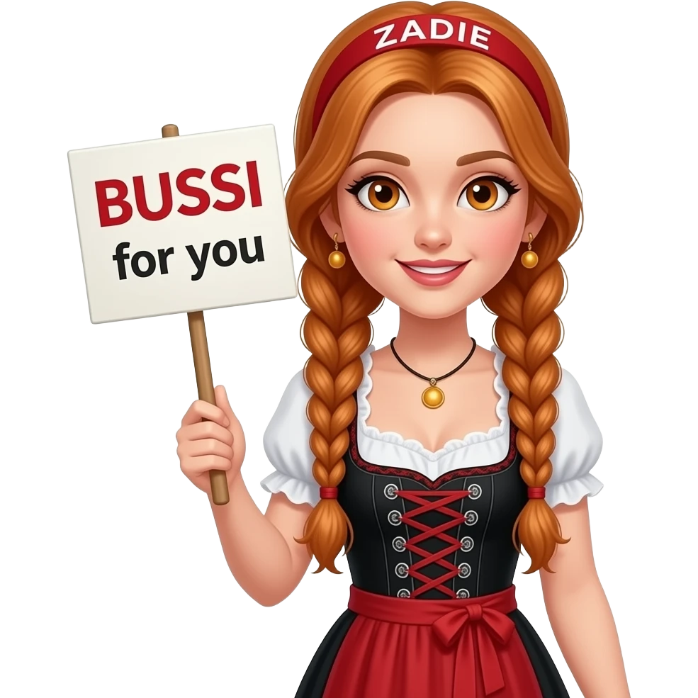 sexy girl with overlong ginger braids and ginger eyes wearing a black red dirndl and a red headband with ZADIE written on it, is holding a sign with BUSSI for you written on it emoji