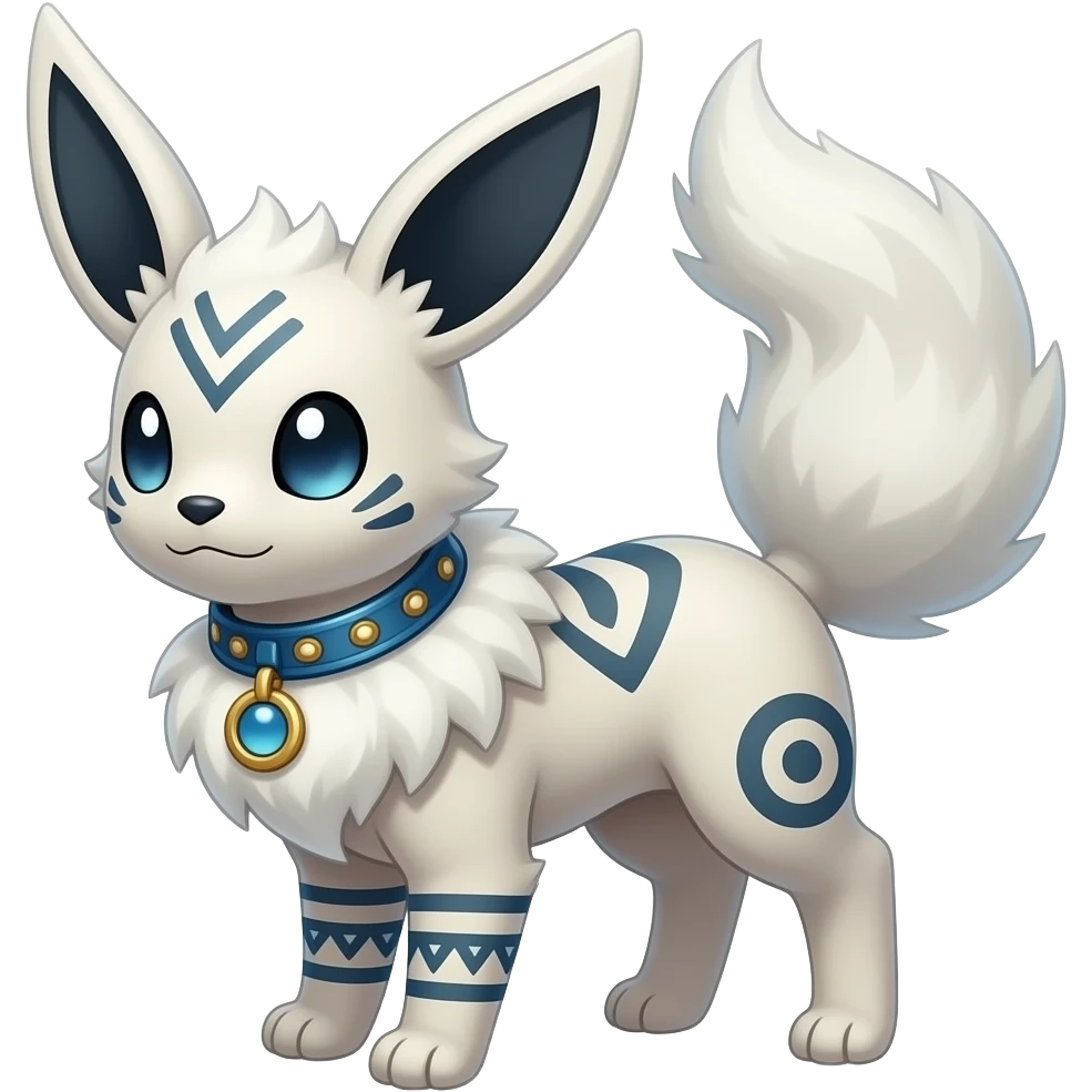 Rare cute edgy cool elegant beautiful neon iridescent white exotic cute epic aesthetic gothic colorful Salandit-Eevee-Civet-species-Fakemon-hybrid-creature, with a collar, and with intricate tribal markings, full body emoji
