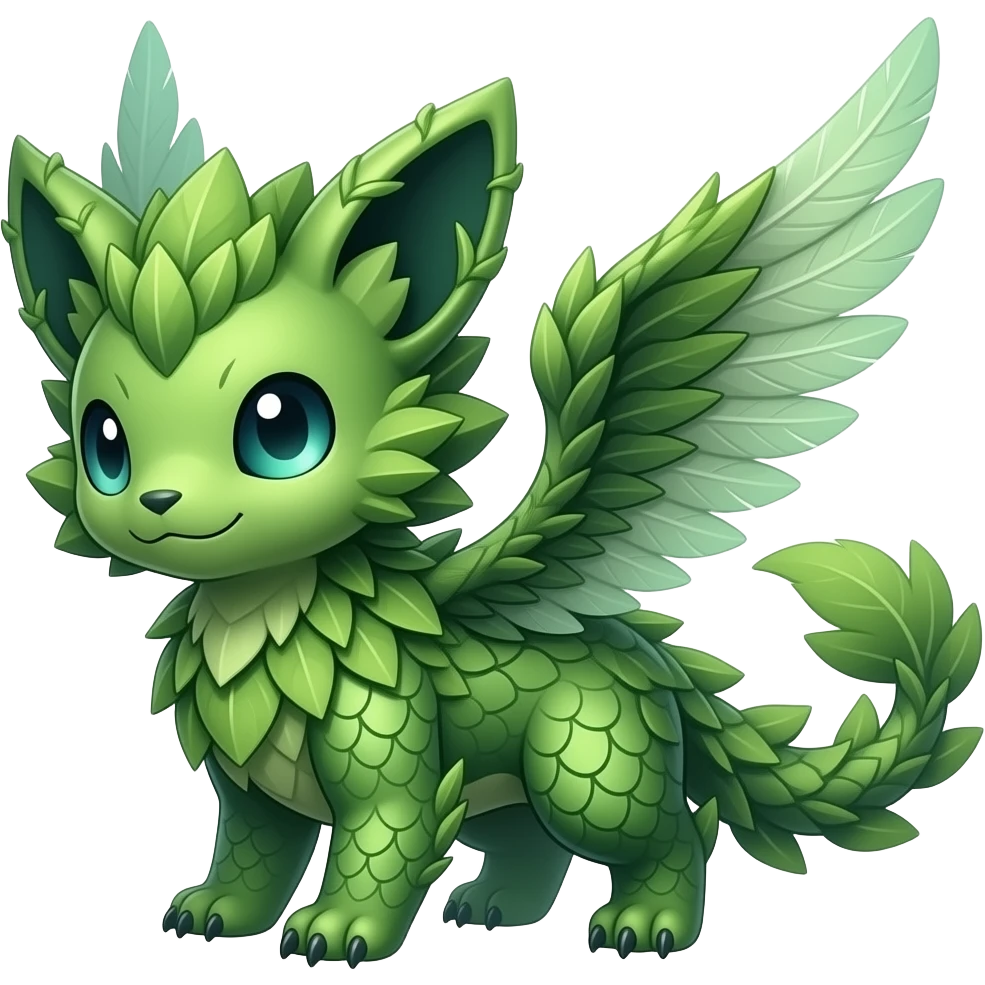 Cute cool fantasy animal hybrid Fakemon full body, green scales, leaves, feathers,  SIMILAR emoji