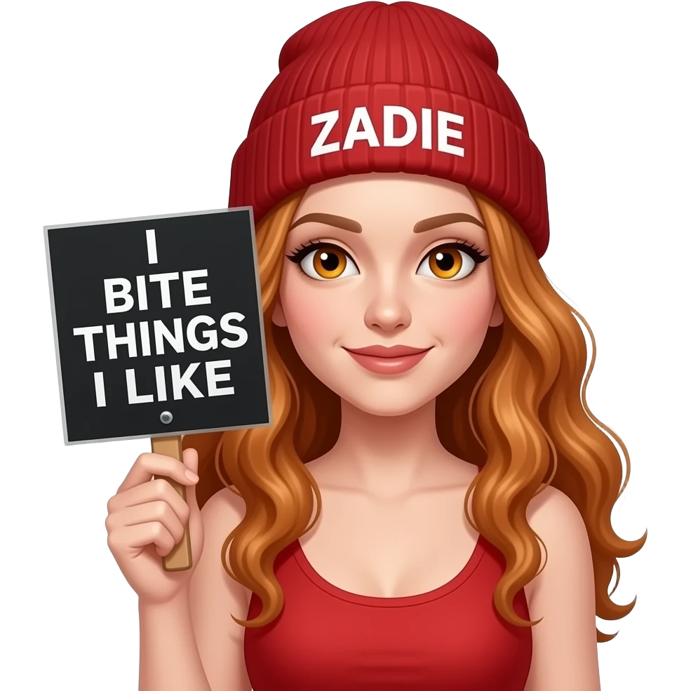 sexy girl with overlong wavy ginger hair and ginger eyes wearing a red tanktop and a red beanie with ZADIE written on it, is holding a black sign with I BITE THINGS I LIKE written on it emoji