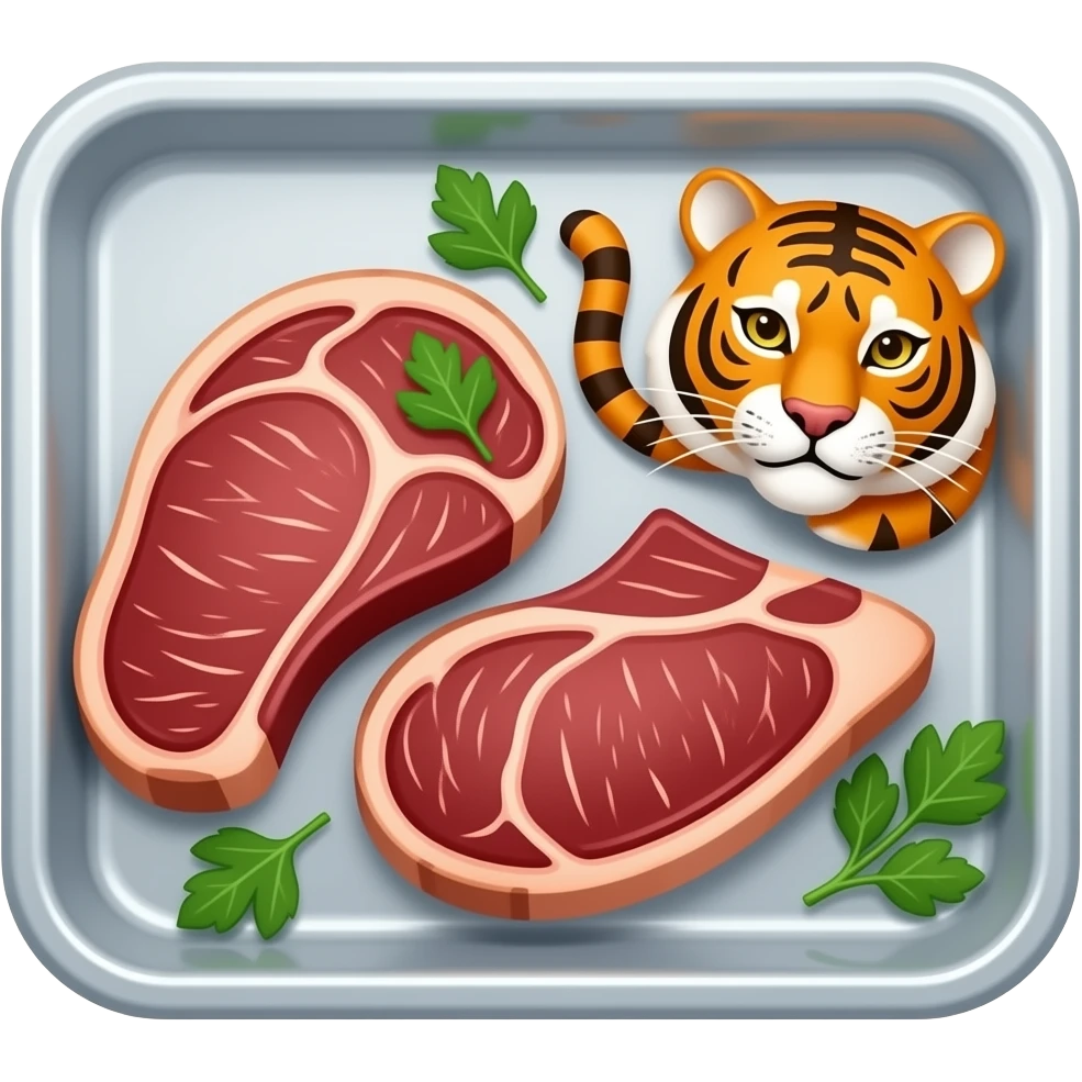 a tray of steaks with a tiger sticker on it emoji
