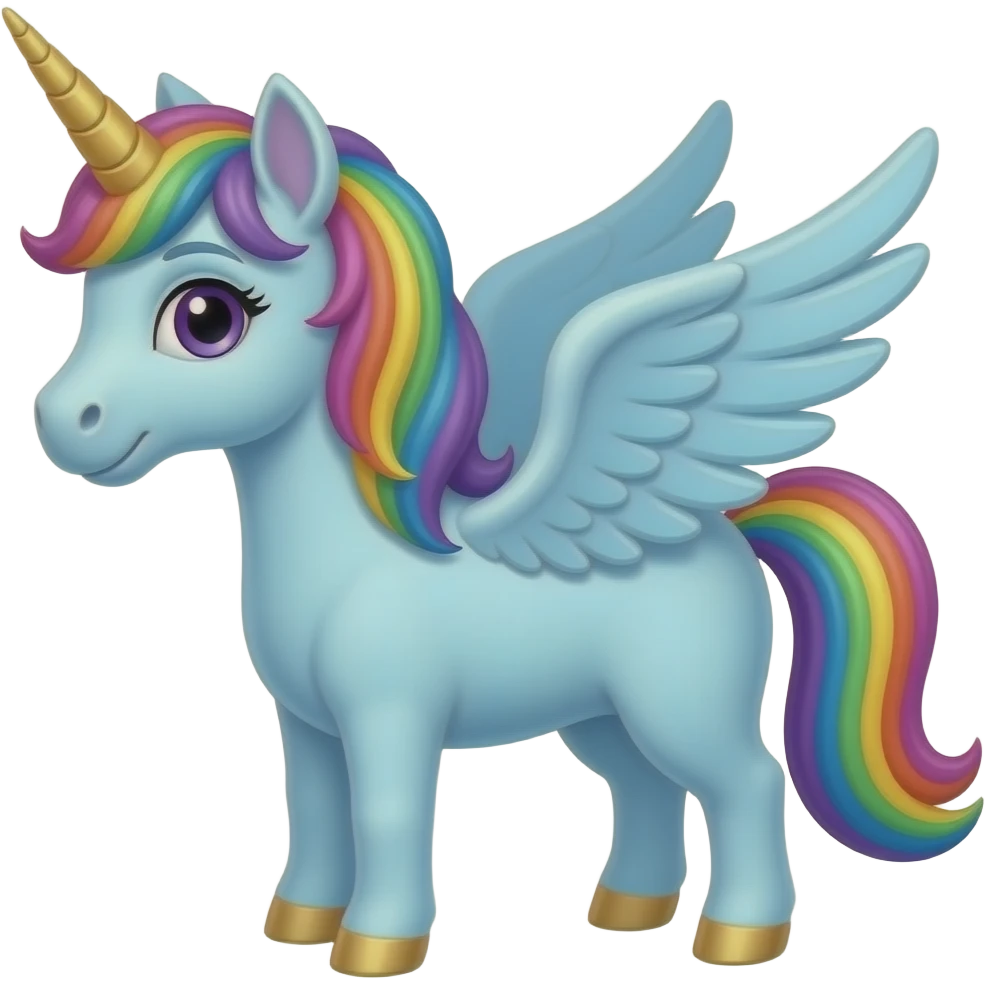 light blue unicorn with rainbow hair, purple eyes, and light blue wings emoji