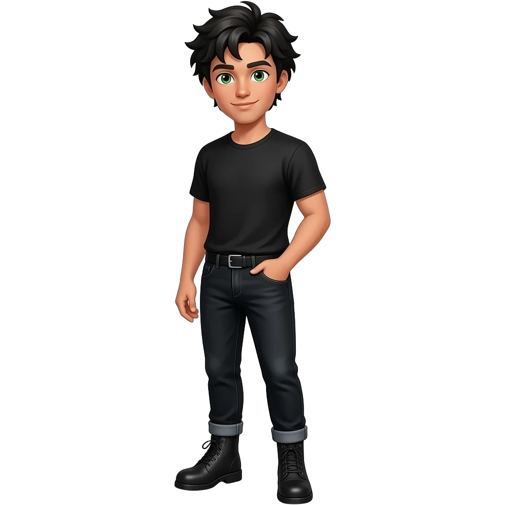 young adult man with messy black hair, tan skin, a confident facial expression and bright green eyes, in black t-shirt, loose black jeans and boots under the jeans full body emoji emoji