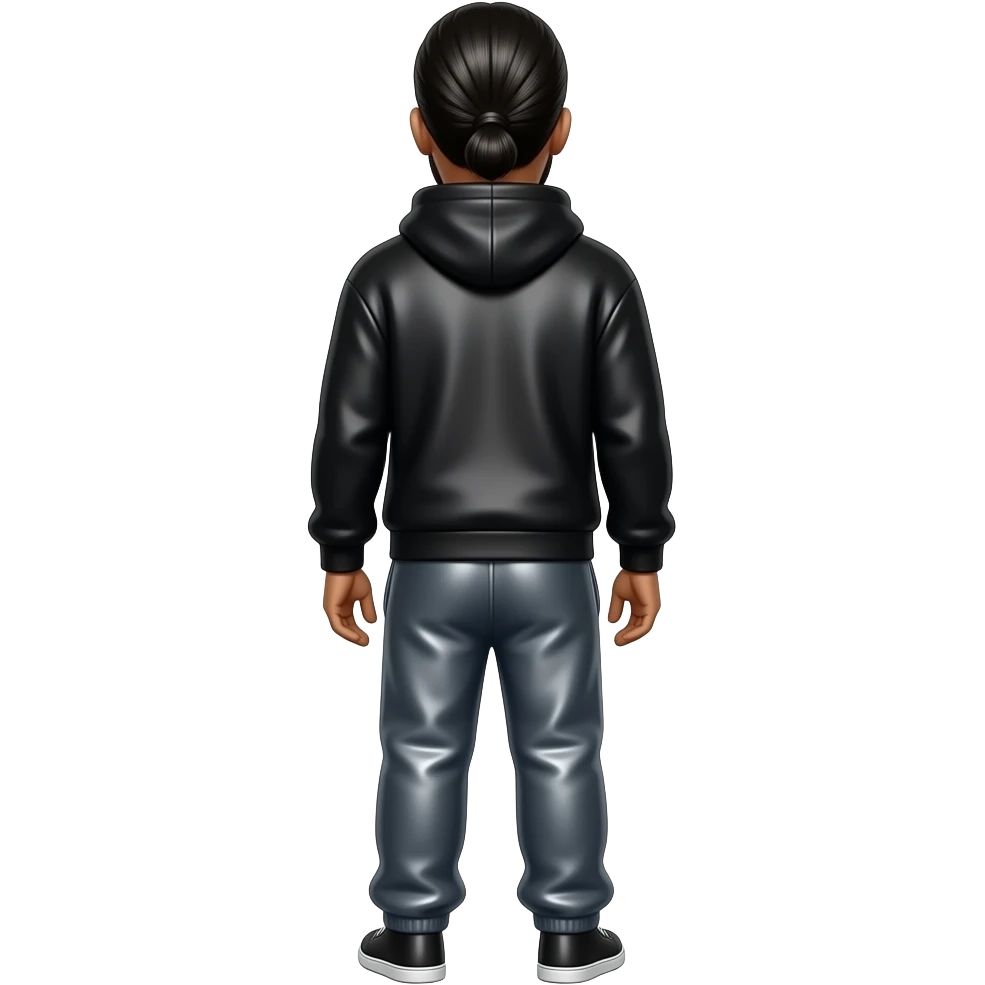 The Weeknd from behind with low ponytail hair, black metallic sweatshirt, dark grey metallic faux loose sweatpants emoji