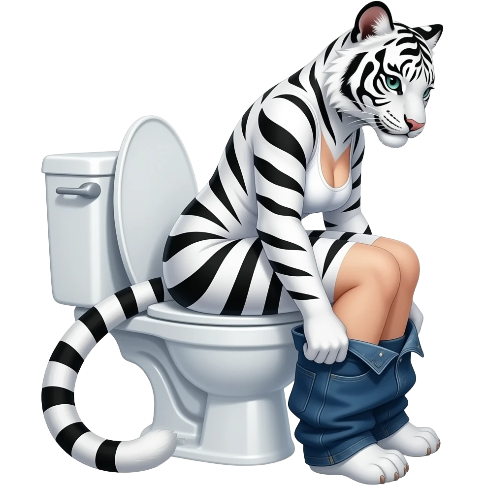 Female white tiger furry person woman,sit on toilet,pushing,fursona,pants down,side view emoji