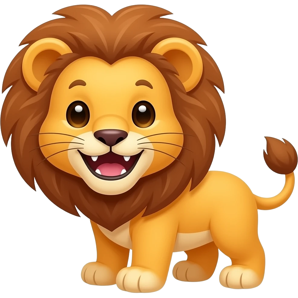 Cute cartoon lion cub with a wide smile and white teeth, joyful eyes, happy emotion, kawaii style, children's speech therapy illustration, bright colors, white background, 2D cartoon. emoji