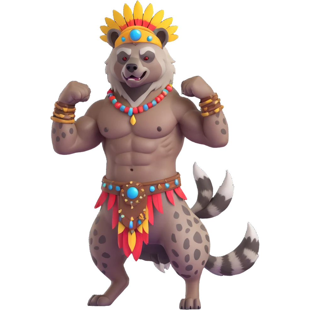 A native strong buff hyena with war bonnet flexing posing full body  emoji