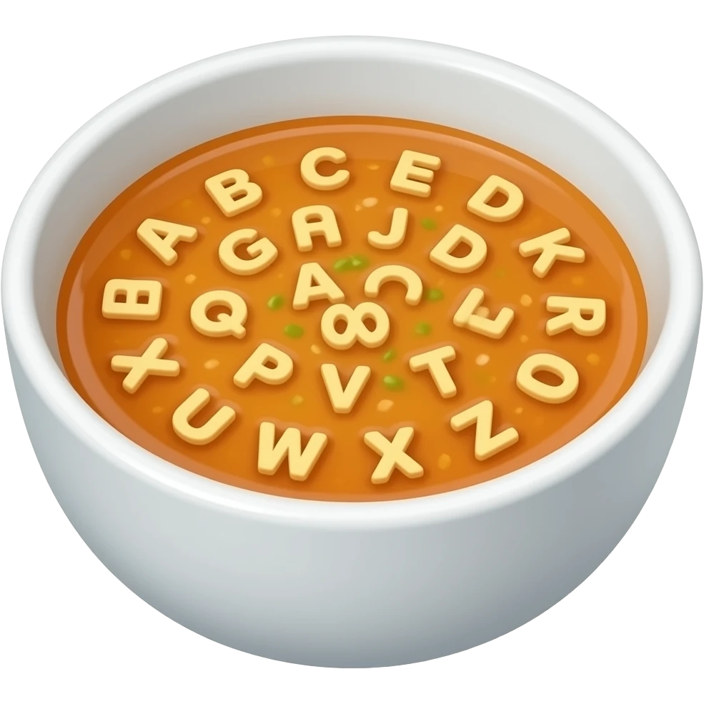 a low bowl of regular soup with small pasta alphabet letters swimming around on the surface of the soup. Make sure the letters are all correct, accurate latin alphabet letters. emoji