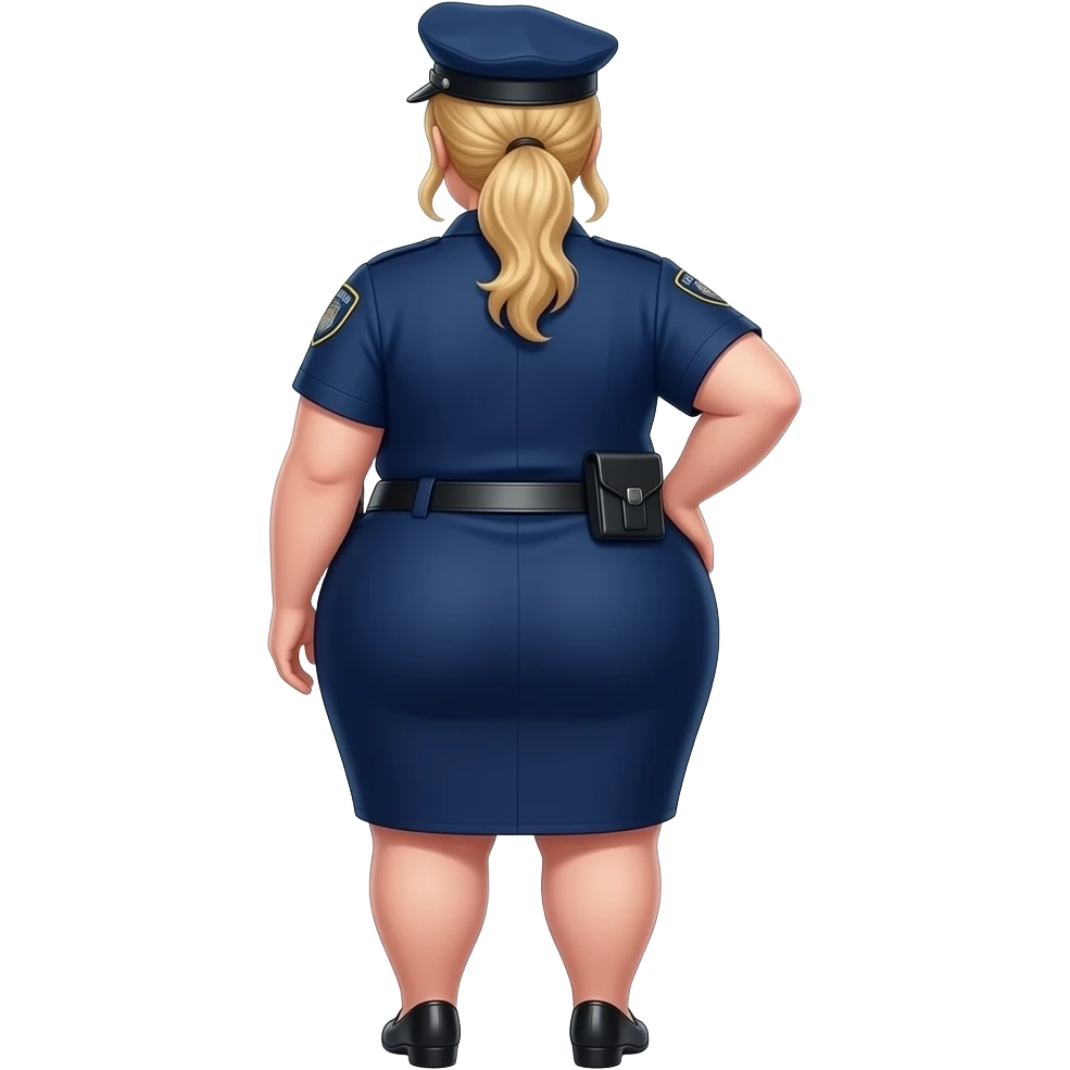Anime extremely fat big booty a white female creature cosplaying police woman showing back her buttocks with her long fabric dark blue dress and her right hand touch’s her buttstock emoji