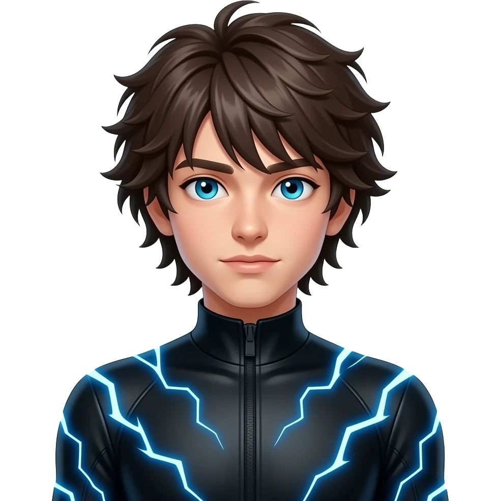 young male with long, messy dark brown hair, glowing cyan blue eyes, wearing a black body suit, with a blue electrical current surrounding his body full body emoji emoji