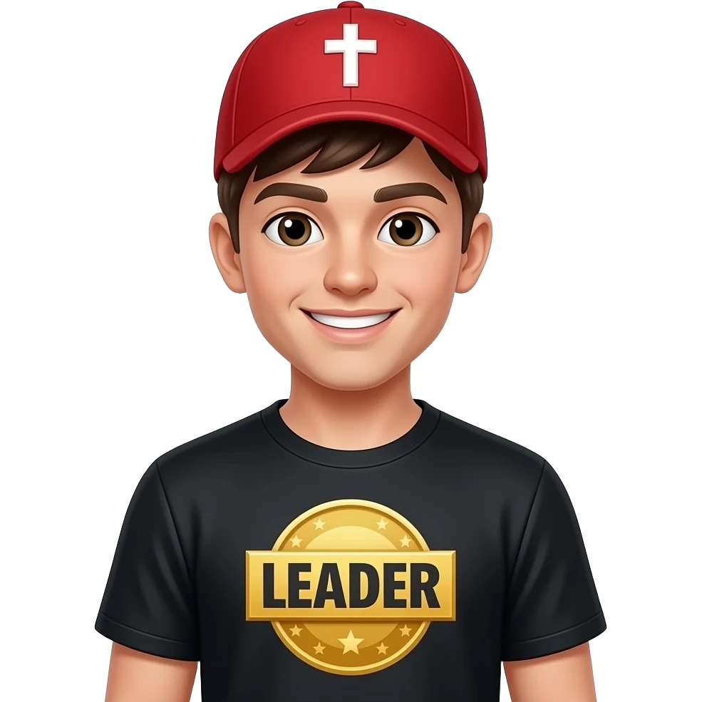 A excited looking young man in a red baseball cap with a cross has a black shirt  with a big gold badge that says "LEADER" in big letters. emoji
