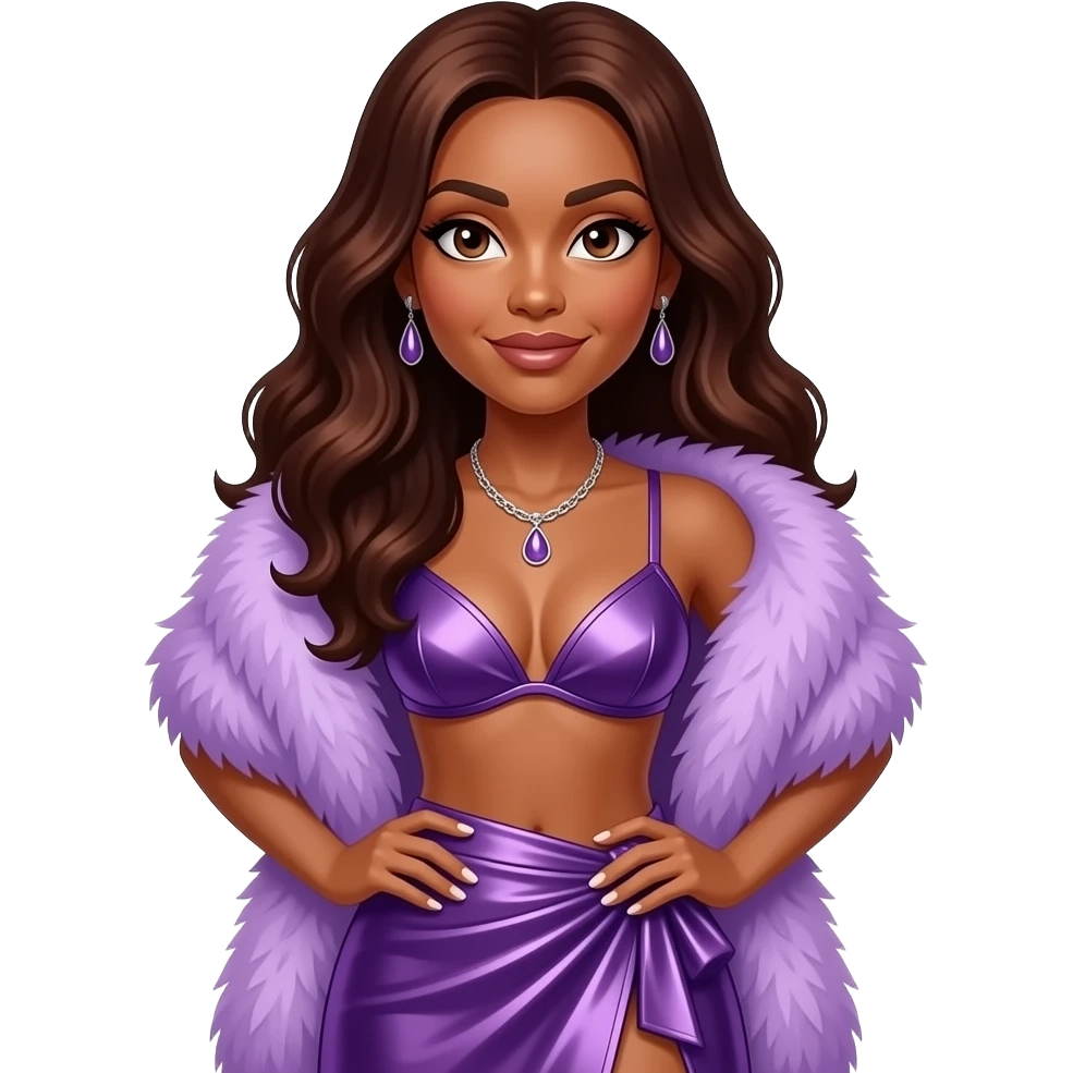 Tenitra Michelle Williams with dark brown eyes, long dark auburn hair, lilac fur shawl, purple metallic bra, purple metallic long wrap skirt, necklace and earrings emoji