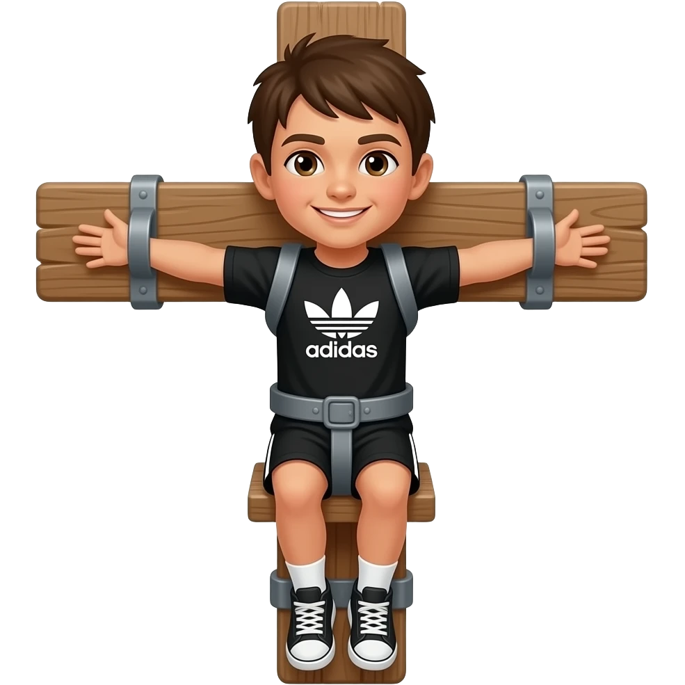 Niño clavadoen una cruz con un short negro adidas emoji