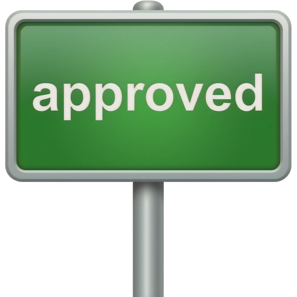 green placard with "genehmigt" emoji