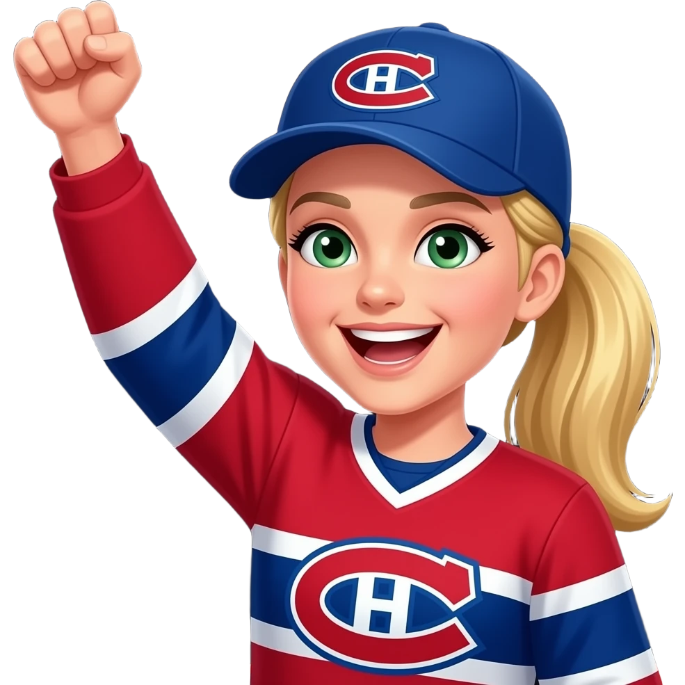 Green eyed Woman Cheering with arm in the air with blonde hair with pony tail, where Montreal Canadians cap and Go Habs Go written on jersey shirt. Put a black background emoji