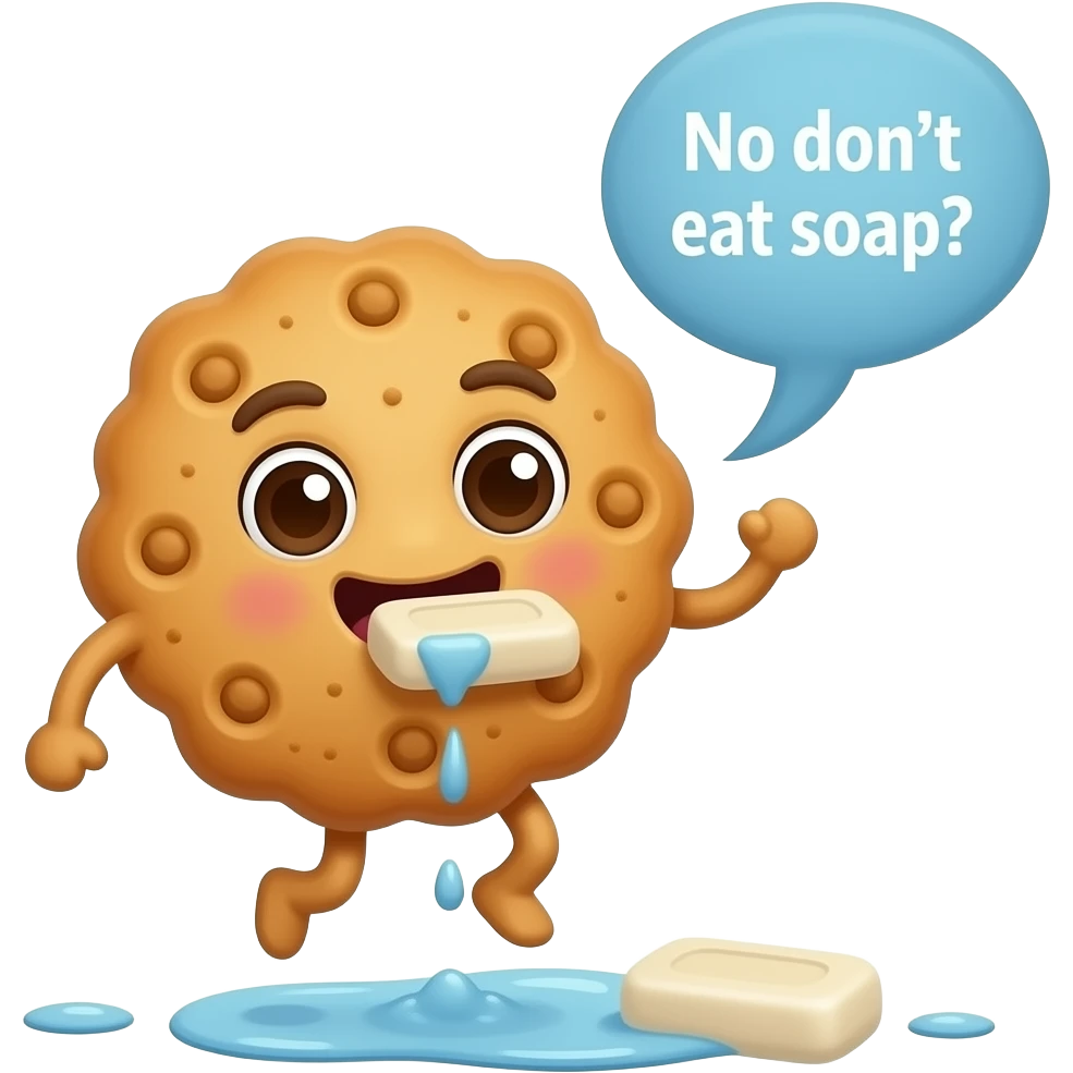 Cookie eating soap and falls down and the emoji says No don’t eat soap emoji