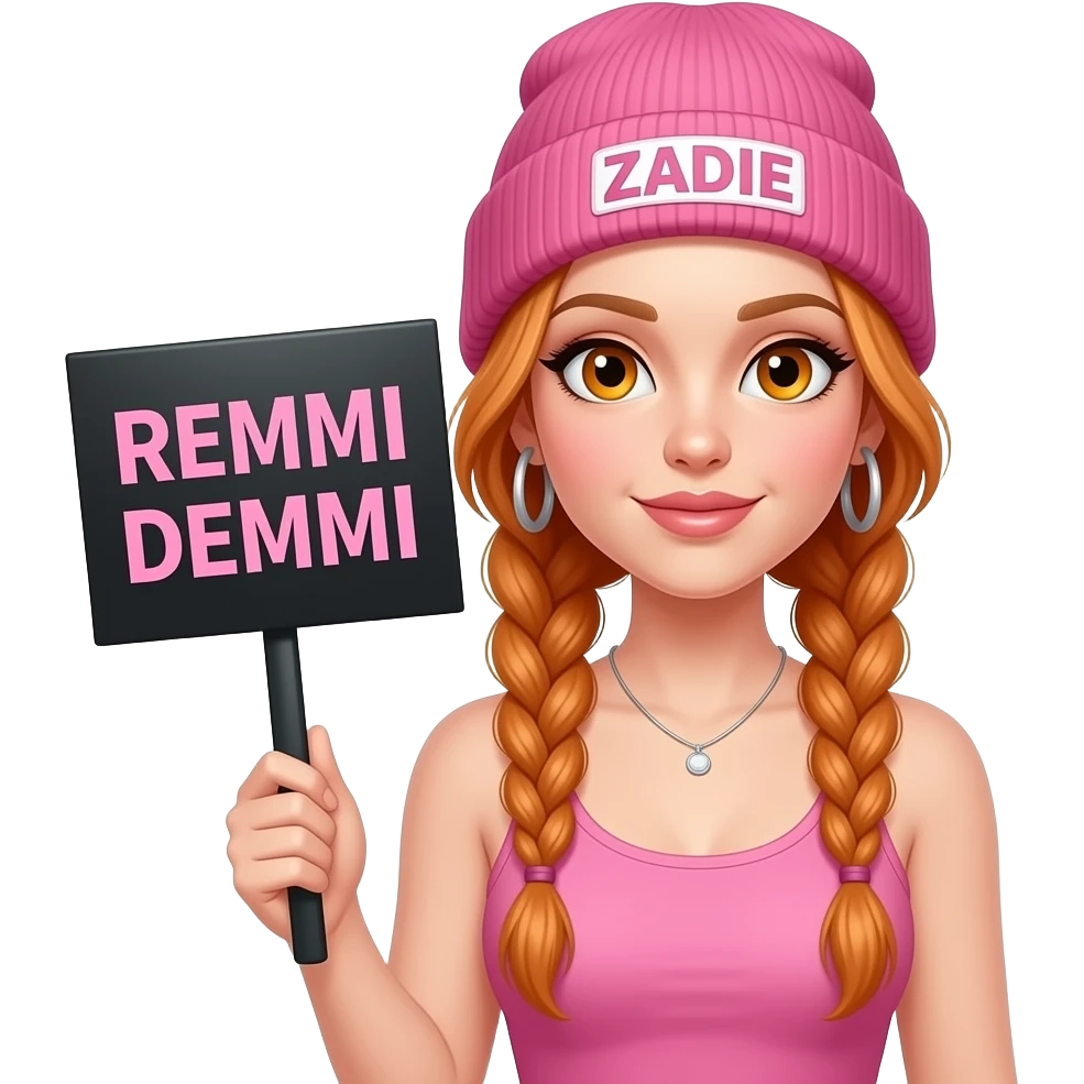 sexy girl with overlong ginger braids and ginger eyes wearing a pink tanktop and a pink beanie with ZADIE written on it, is holding a black sign with REMMI DEMMI on it emoji