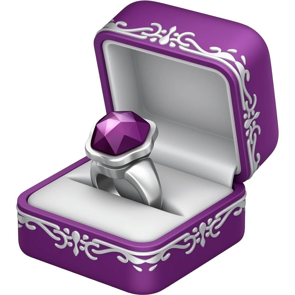 Amethyst men's style ring in a purple box with silver ornate trim emoji