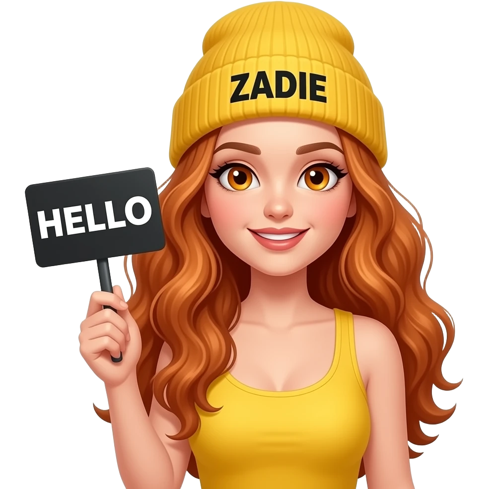sexy girl with overlong wavy ginger hair and ginger eyes wearing a yellow tanktop and a yellow beanie with ZADIE written on it, is holding a black sign with just HELLO on it emoji