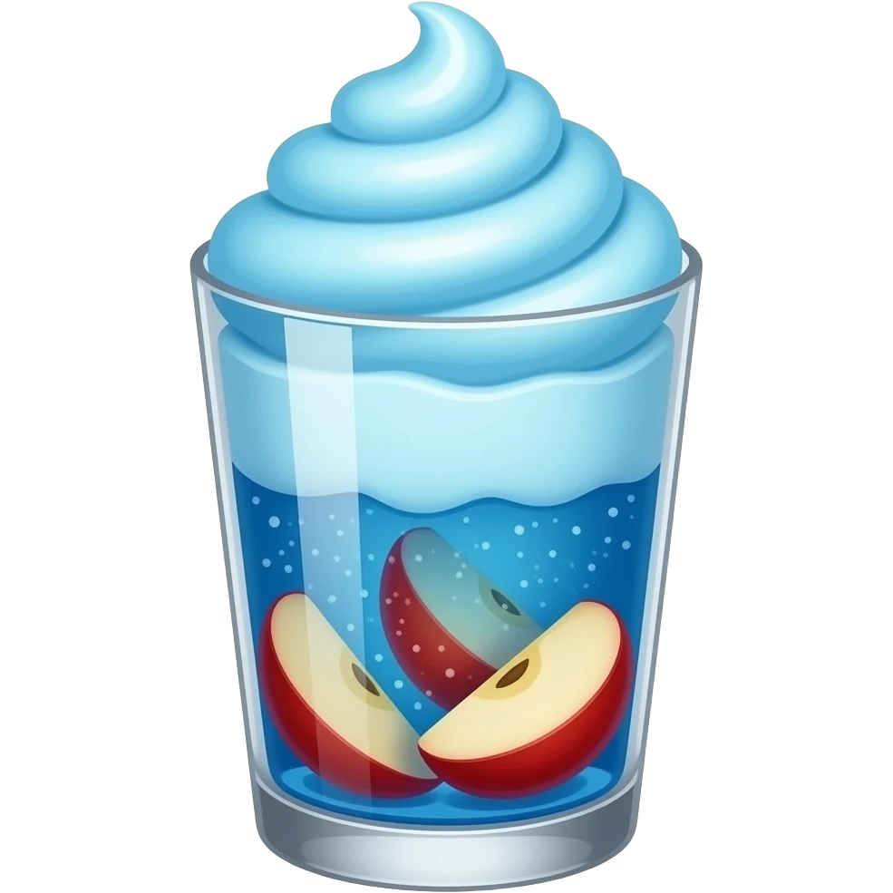 cute red apple cream soda, clear glass cup, bright red apple pieces filling the bottom, sky blue soda layer, sky blue whipped cream swirl on top, glossy 3d emoji style, no background, no text emoji