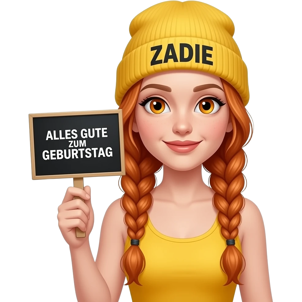 sexy girl with overlong ginger braids and ginger eyes wearing a yellow tanktop and a yellow beanie with ZADIE written on it, is holding a black sign with ALLES GUTE ZUM GEBURTSTAG written on it emoji