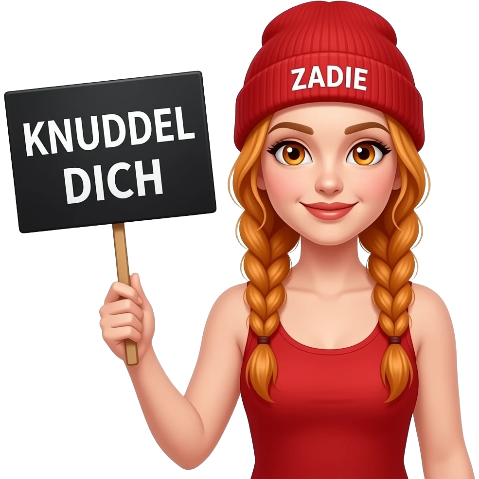 sexy girl with overlong ginger braids and ginger eyes wearing a red tanktop and a red beanie with ZADIE written on it, is holding a black sign with KNUDDEL DICH written on it emoji