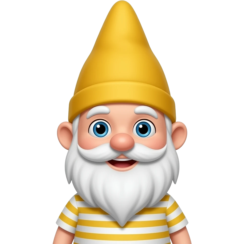 A cute smiling Gnome has a white beard , blue eye, striped white and yellow shirt and a yellow pointed hair emoji