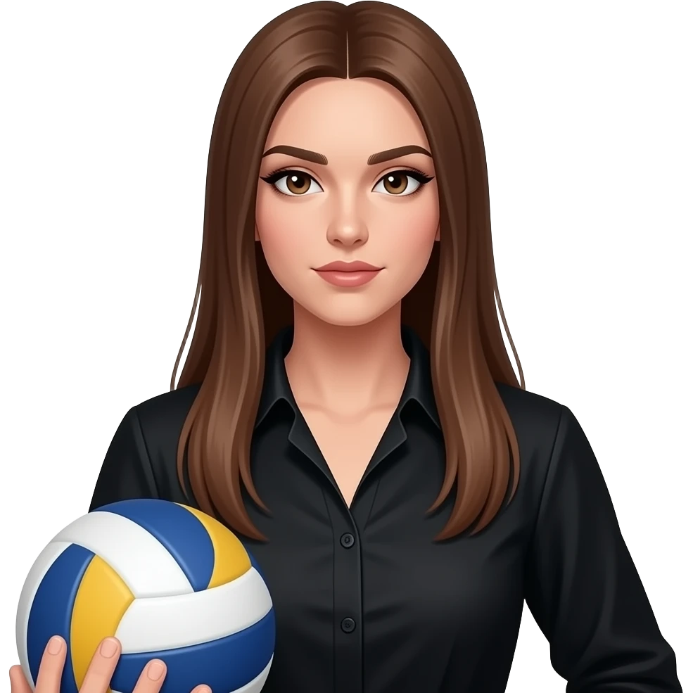 tom-boy masculine and hard face girl Long brown hair girl, light brown eyes and little bit tanned skin she has makeup with black eyeliner and her stare is magnethic. Handle voleyball ball. Her hair is straight and loose, not messy. Hair is extremely long. She wears black elegant blouse emoji