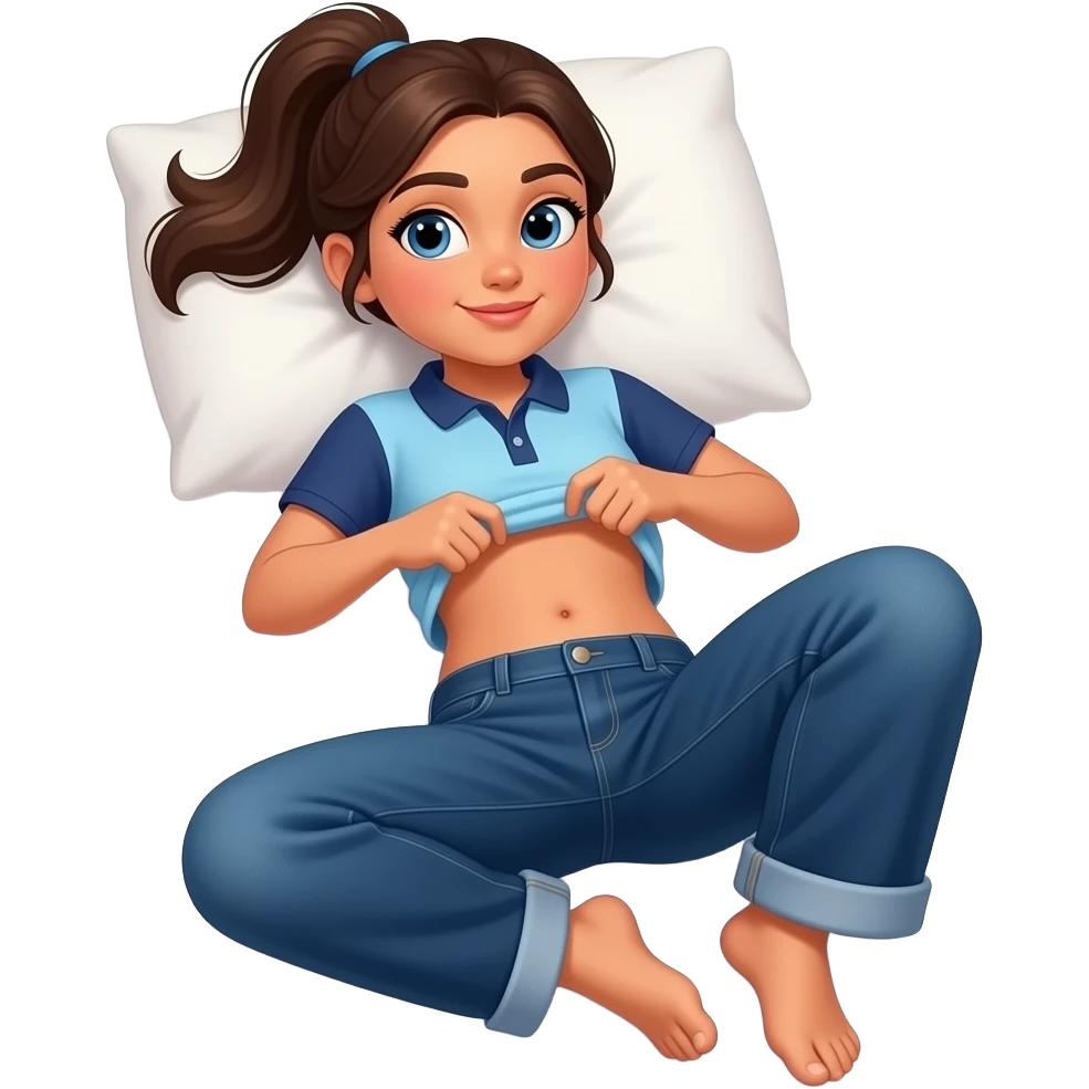 Hispanic girl with brown ponytail and blue eyes light blue and dark blue polo and dark blue baggy jeans and belly button laying down on her pillow on her bed showing her feet lifting her shirt all the way up showing belly rolls emoji