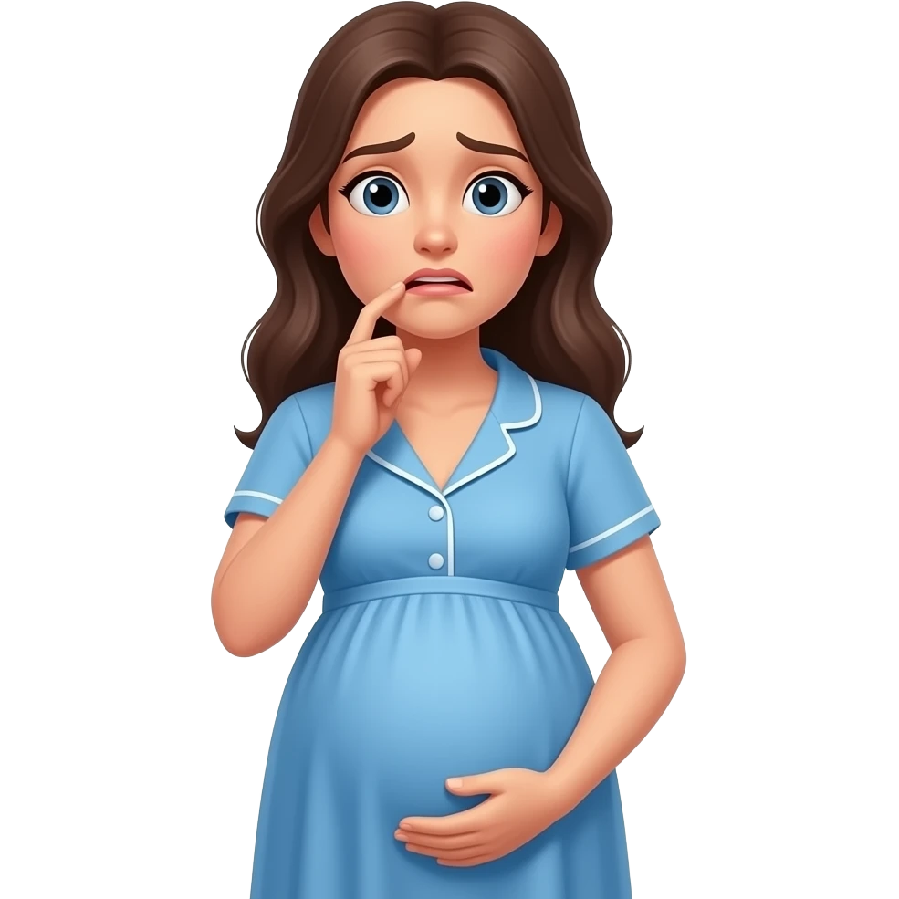 beautiful pregnant woman with anxious expression while biting her finger home dress blue halfway across her body emoji