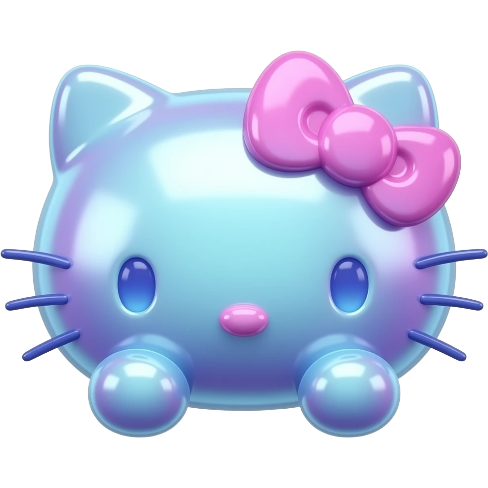 Shiny 3d gradient holographic blue and pink colored glass hello Kitty head with front paws emoji