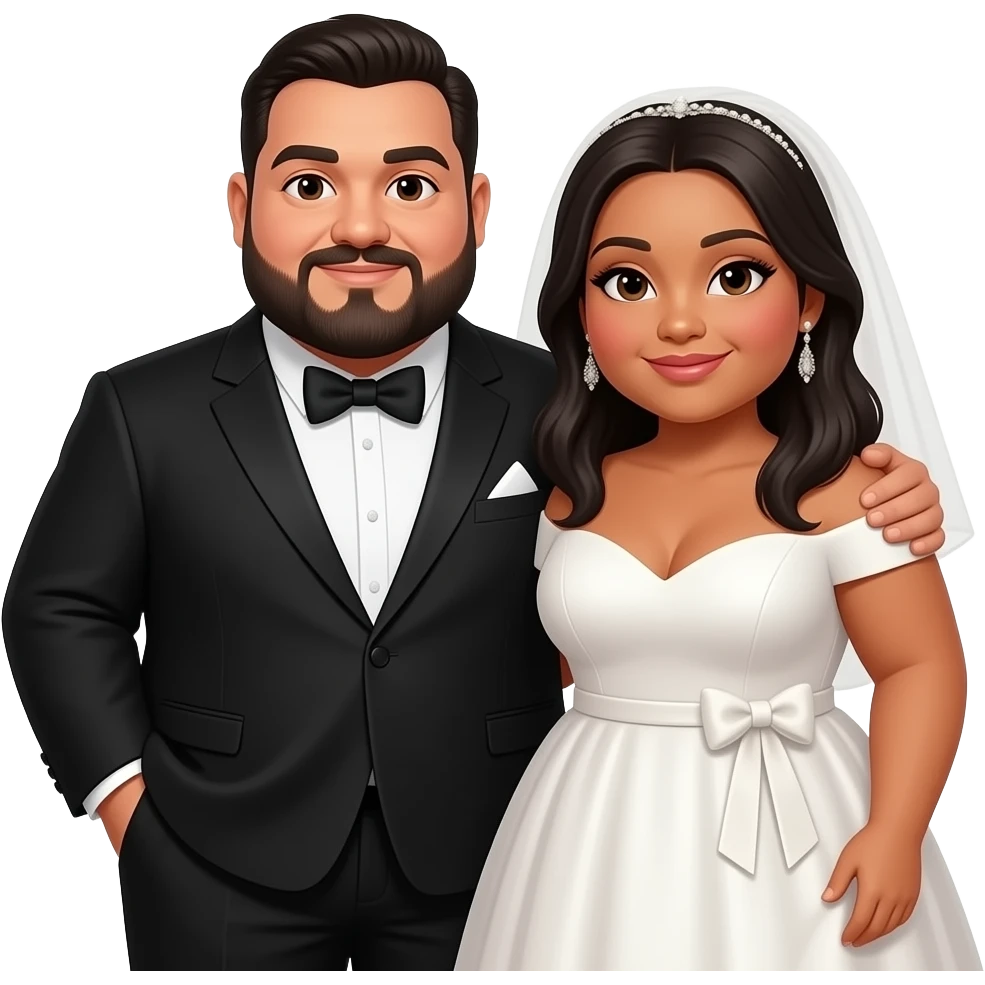extremely fat chubby couple male: with beard, and afro latino wearing black tuxedo with his arm around chubby woman wearing wedding dress tanned skin long black straight hair emoji