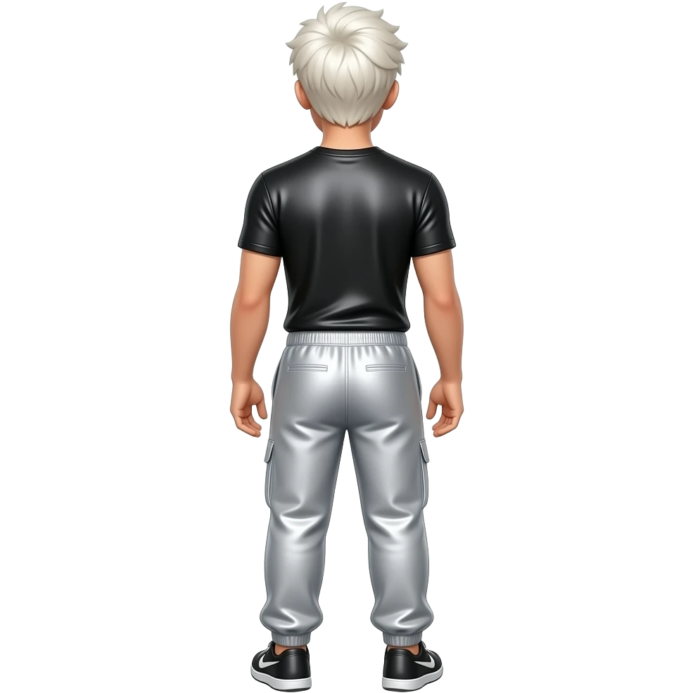 xQc from behind with white blonde hair, black metallic t-shirt, light grey metallic saggy joggers emoji