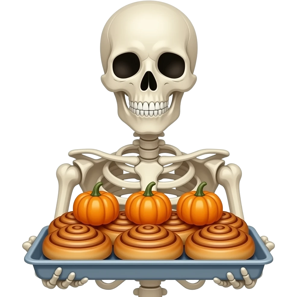 Skeleton holding cinnamon rolls in a tray with mini pumpkins on top emoji