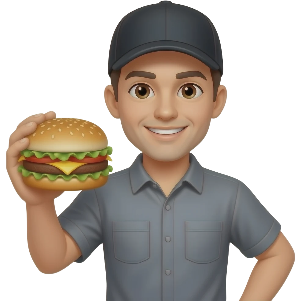 A burger joint employee in a gray uniform with a black cap holds a burger emoji