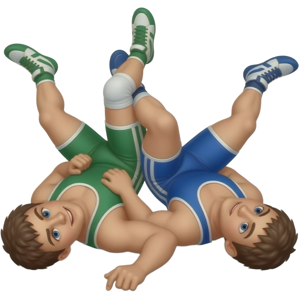 Erstelle ein Bild von zwei Uni-Wrestler in kurzen, knappen und engen Wrestler-suits, die beiden haben unterschiedlich Farben an (Grün und blau) und sie ringen liegend miteinander auf dem Boden emoji