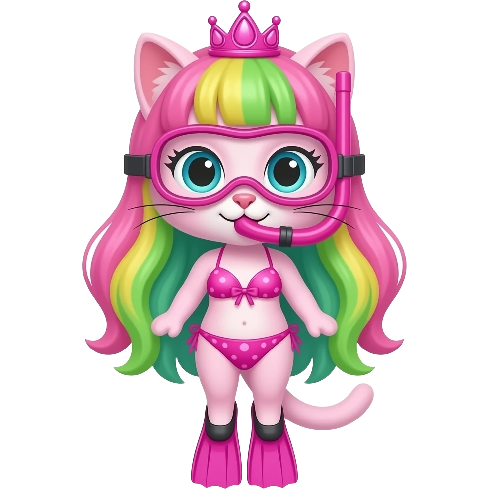 pink anthro cat with pink and green and yellow hair a pink bikini a pink snorkel a pink flippers a pink tiara emoji