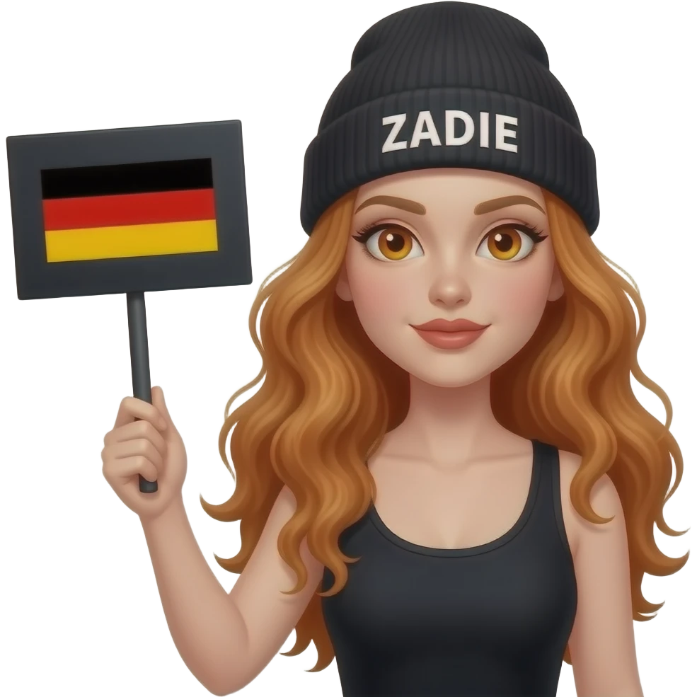 sexy girl with overlong wavy ginger hair and ginger eyes wearing a black tanktop and a black beanie with ZADIE written on it, is holding a black sign with Deutschland	🇩🇪 on it emoji