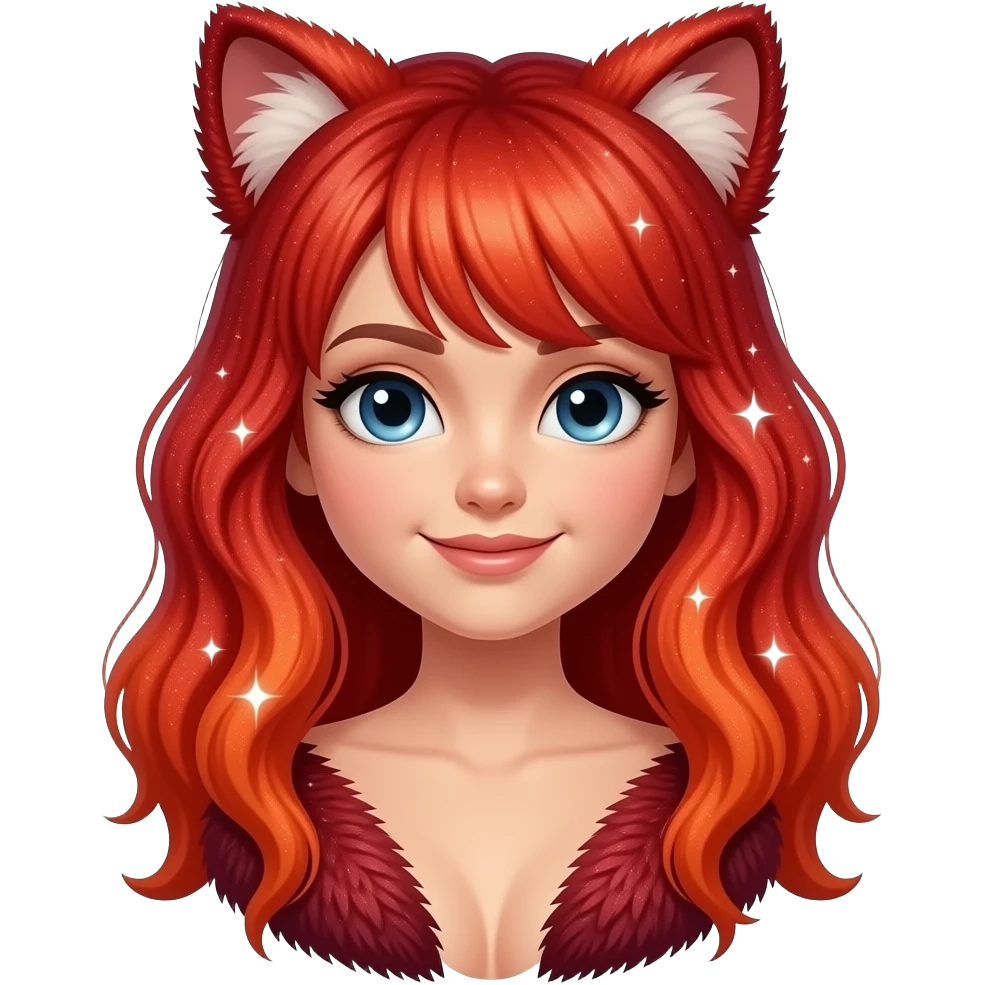 Hyper realistic fire red velvet fur soaked in starlight glitter and shadow gradients beautiful, shoulder bust emoji