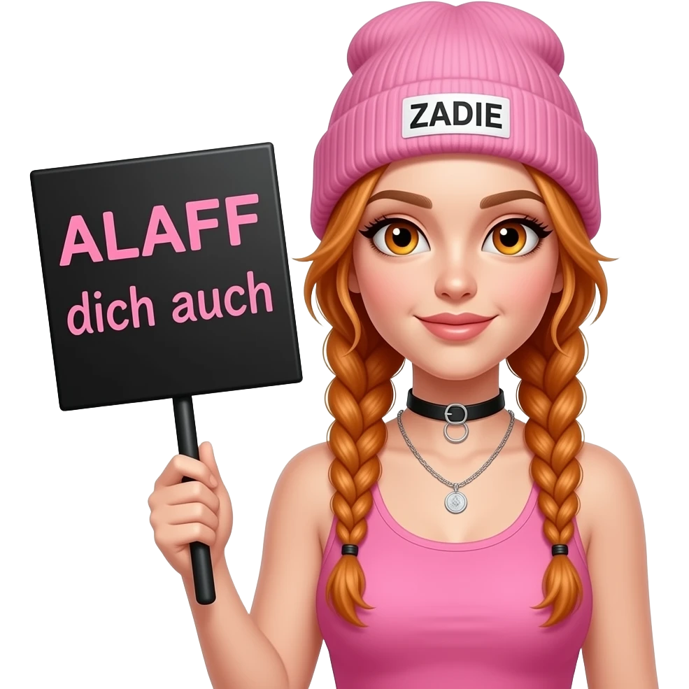 sexy girl with overlong ginger braids and ginger eyes wearing a pink tanktop and a pink beanie with ZADIE written on it, is holding a black sign with ALAAF dich auch written on it emoji