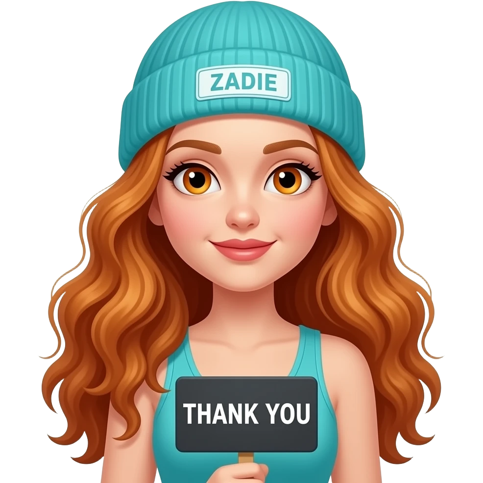 sexy girl with overlong wavy ginger hair and ginger eyes wearing a turquoise tanktop and a turquoise beanie with ZADIE written on it, is holding a black sign with THANK YOU written on it emoji