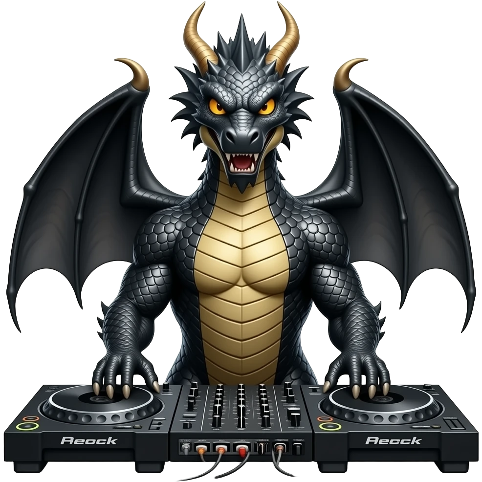 ancient Black dragon DJ, highly detailed, hyper real, DJ Deck, facing forward emoji