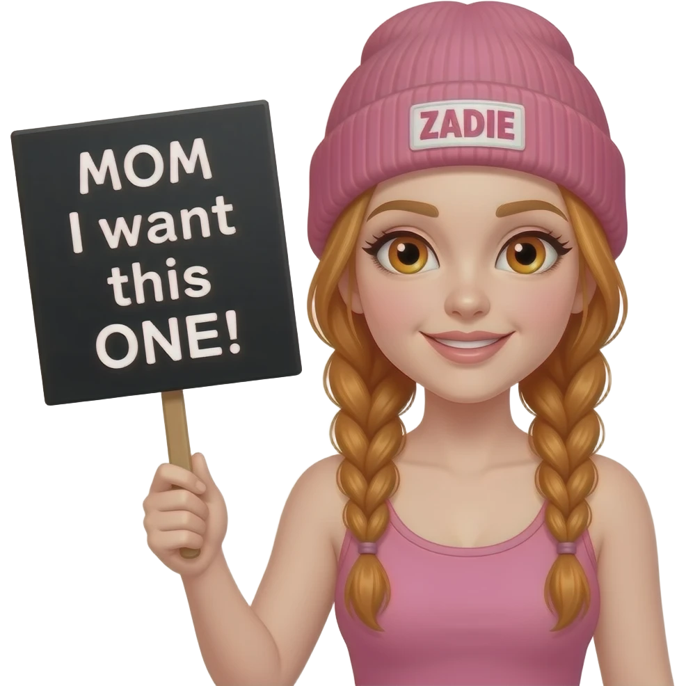 sexy girl with overlong ginger braids and ginger eyes wearing a pink tanktop and a pink beanie with ZADIE written on it, is holding a black sign with MOM I want this ONE! written on it emoji