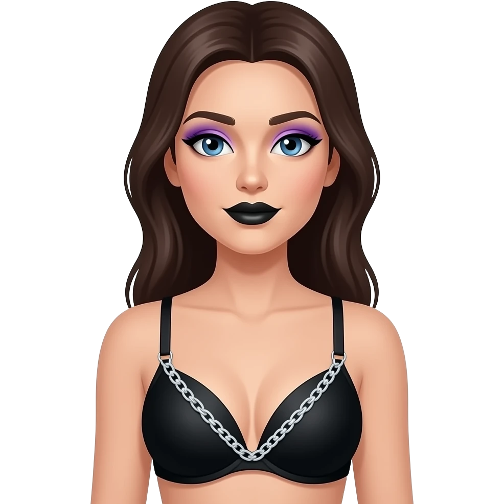 Woman with blue eyes and black lipstick and purple eye shadow wearing a black bra and chains that form V in the middle of the bra emoji