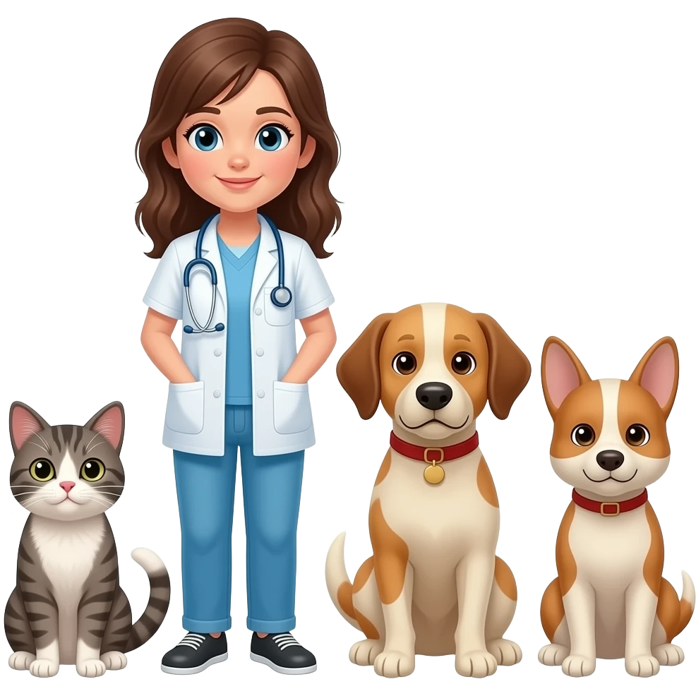 a girl veterinary with a cat, a dog and another animal emoji
