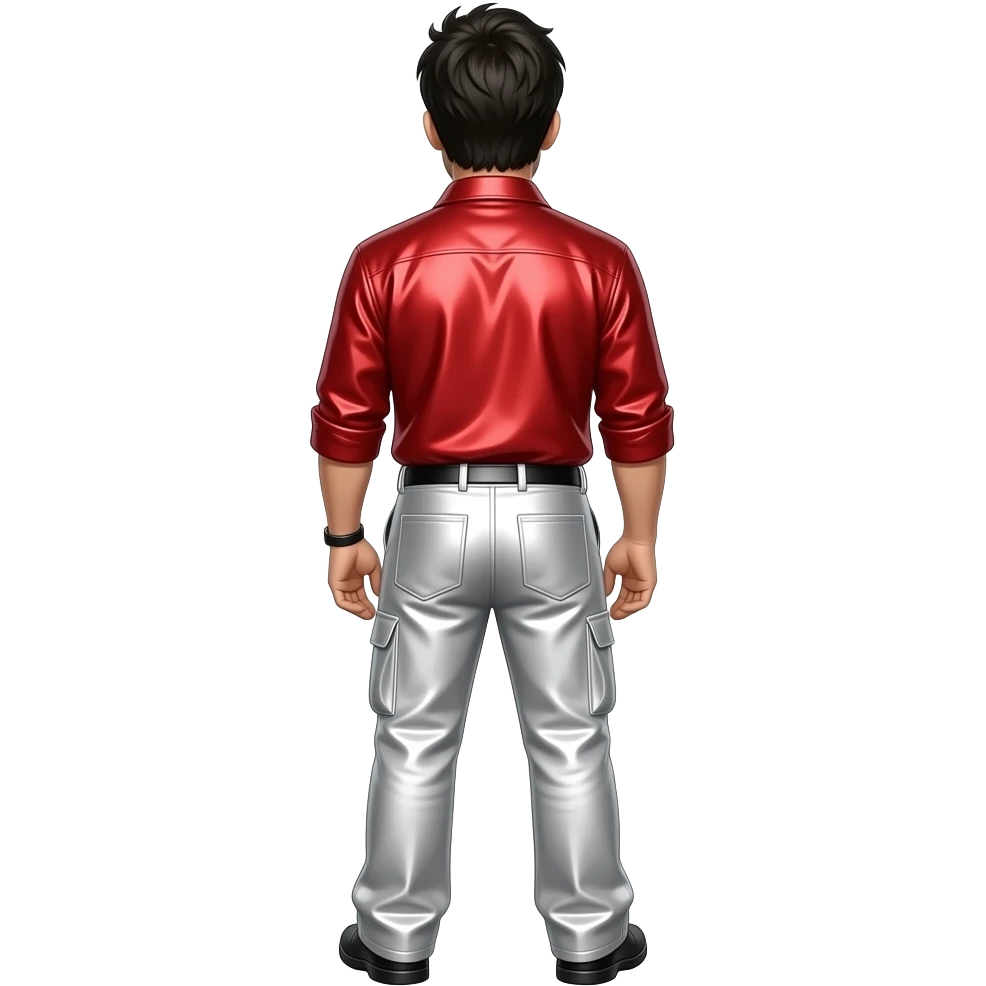 Johnny Knoxville from behind with black hair, red metallic shirt, white metallic baggy pants emoji