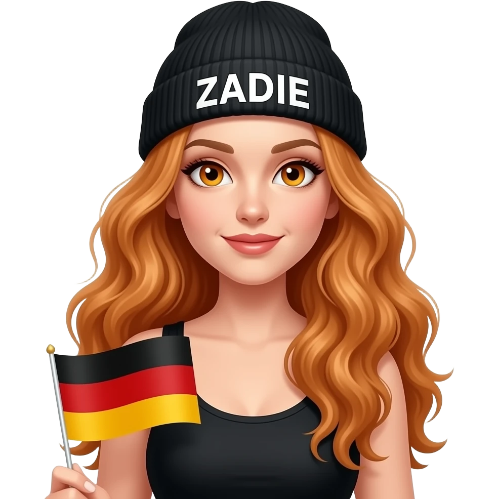sexy girl with overlong wavy ginger hair and ginger eyes wearing a black tanktop and a black beanie with ZADIE written on it, is holding a german flag emoji