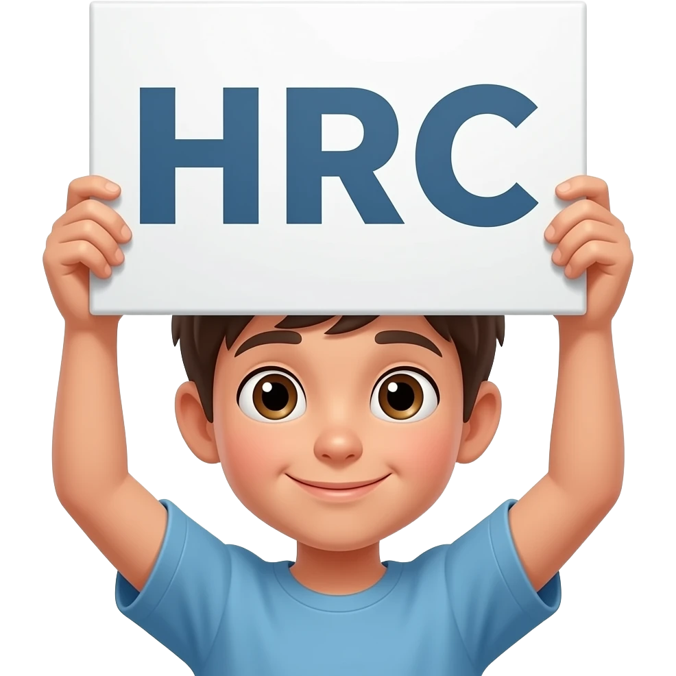 어린이가 팻말을 머리 위로 들고 있고 팻말에는 HRC가 적혀있다 emoji